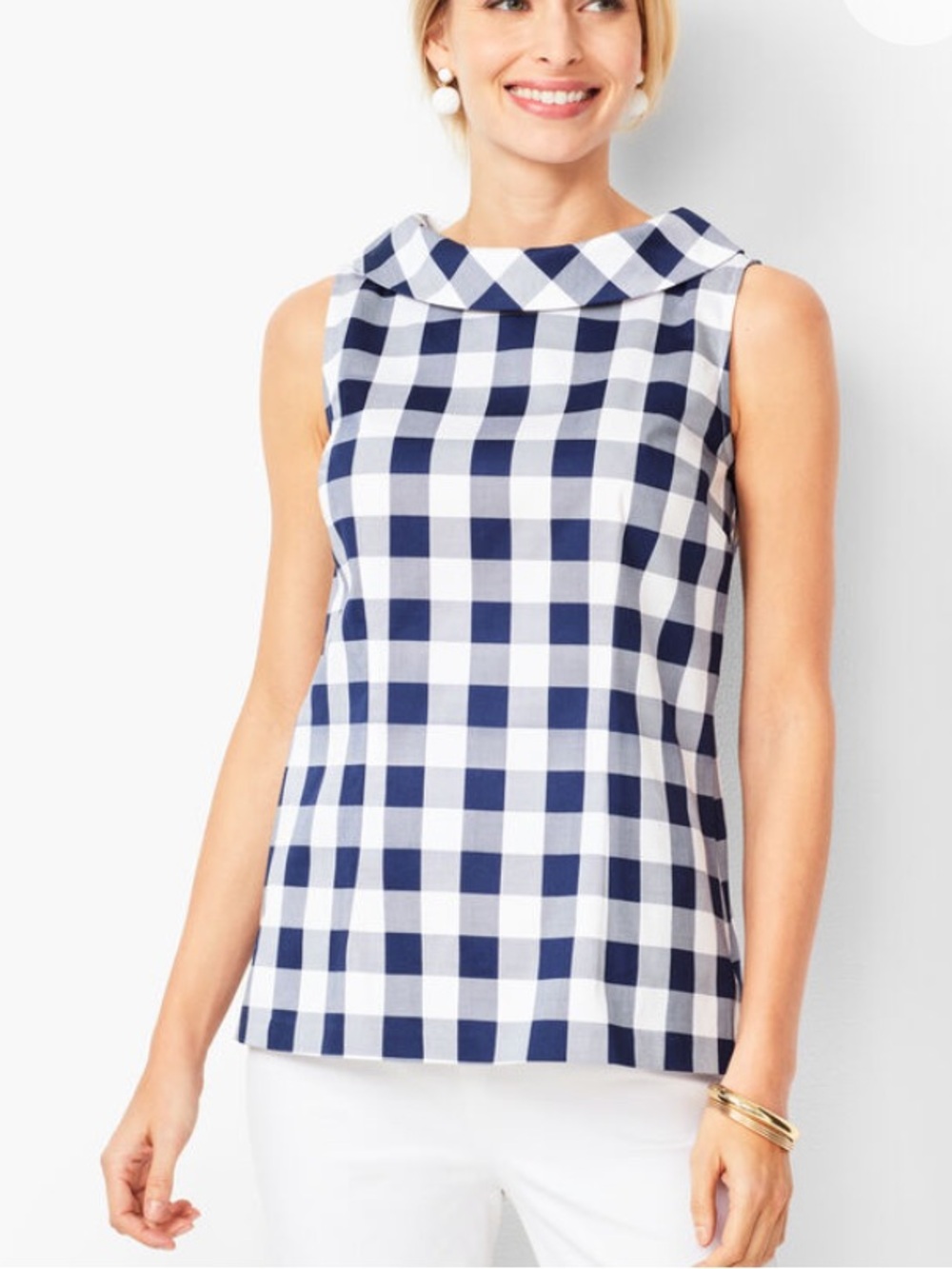 Talbots Audrey Navy and White Gingham Sleeveless Top